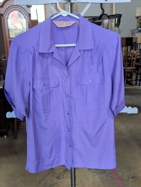 Classic Directions Purple Button-Front Short Sleeve Blouse